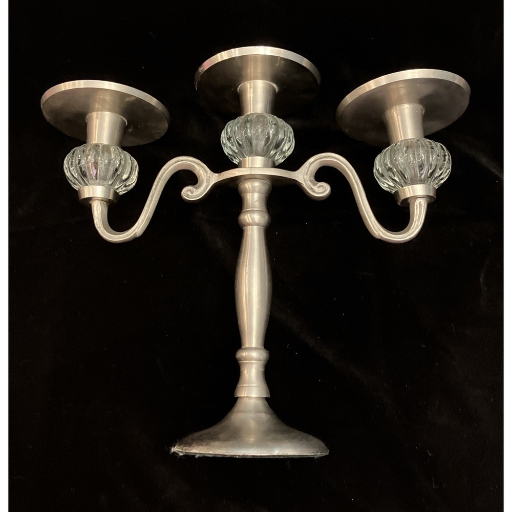 Vintage Brushed Pewter & Fluted Glass Knob 3 Arm Candelabra Candle Holder Silver